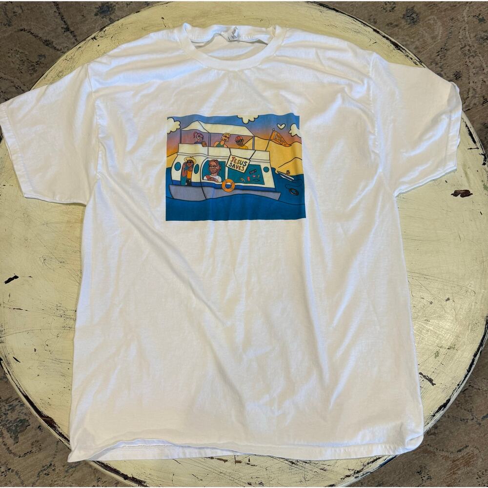 Hanes Jesus Saves Try Joy Graphic T-Shirt Mens XL White‎ Boat Print Tee - Picture 2 of 7